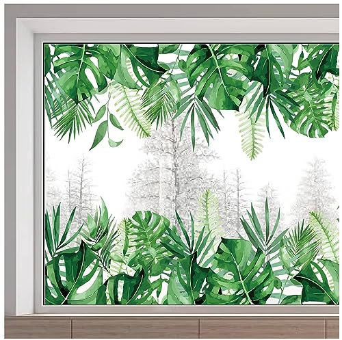 GORGECRAFT 116x38cm Große Fensteraufkleber Mit Tropischen Pflanzenblättern Große Fensteraufkleber Mit Grünen Blättern Statisch Nicht Klebend Palmen/Monstera/Farnblatt Aufkleber Für Glasschiebetüren