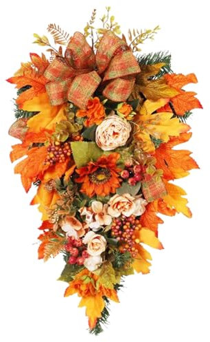 Autumn Hanging Basket, 21.7x12.6 Inch Artificial Teardrop Fall Wreath, Peony Sunflower Maple Leave Fireplace Artificial Swag with Berry and Plaid Bow for Front Door, Home Fireplace Decorating
