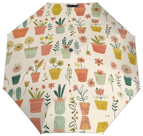 FJWKLRBV 3 Fold Auto Umbrella Flower Pots And Flowers Printed Fully Automatic Umbrella Windproof Travel Umbrella Personalized Umbrella Portable Umbrella Unisex