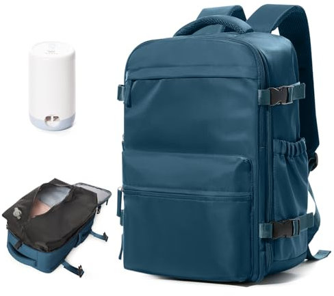 Sac à Dos de Voyage Compressible avec Pompe Électrique (40x30x25cm) - Compatible Ryanair - Sac Ordinateur Étanche à Airbag - Homme Femme Unisexe - Rangement Léger pour Voyage Bleu.