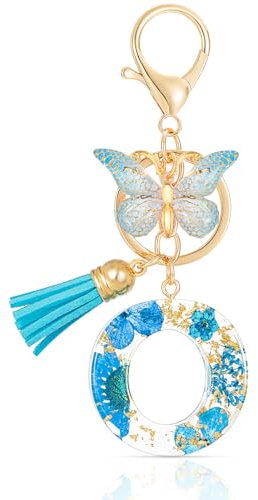 MWOOT Letter Keychains Initiale Lettre Porte Clef Lettre O,Alphabet Initial Keyring avec Papillon Pendentif,Bleu Pétales Feuille D'or Key Ring pour Femmes Filles Portefeuilles Sac à Main Charme (O)