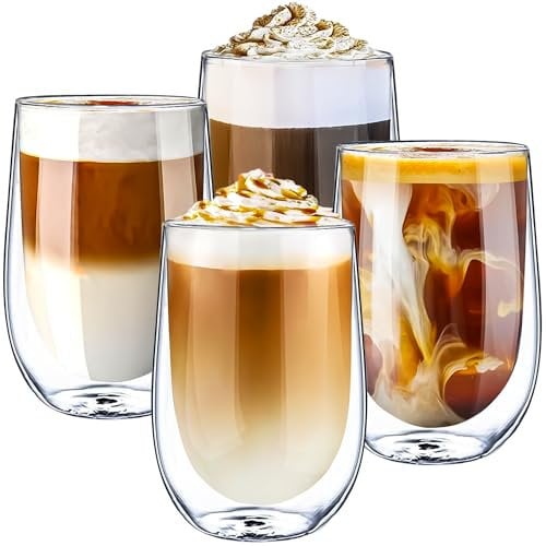 Volarium CRYSTALIA Double Glass Coffee Cups, Double Walled Latte Cups, Set of 4 350ml Insulated Glass Coffee Cup Without Handle, Heat Resistant Borosilicate Mugs for Flat White Cofee