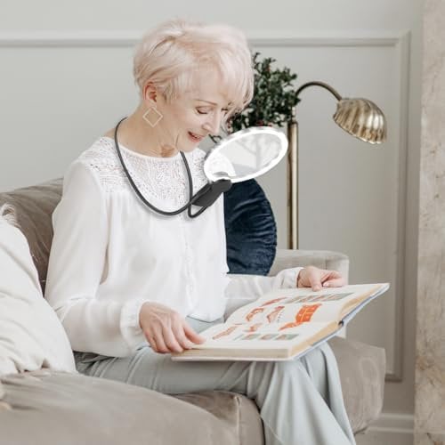 Large Hands Free Magnifying Glass with Light, 5X Rechargeable Magnifying Glass with Light, Neck Wear Page Magnifier, for Repair Low Eyesight Seniors Reading, 3 Light Modes