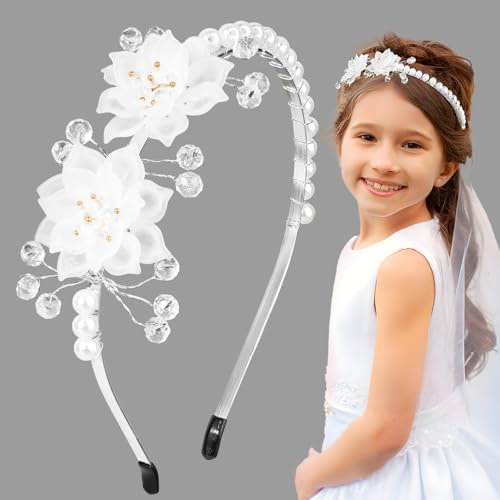 BOOMTOP Haarreif Kommunion Mädchen Blumen Perlen Haarschmuck Stirnband Taufe Prinzessin Haarband Kristall Taufe Hochzeit Blumenmädchen Haarkranz Kopfschmuck Weiß mit 3D Blüten Strasssteinen