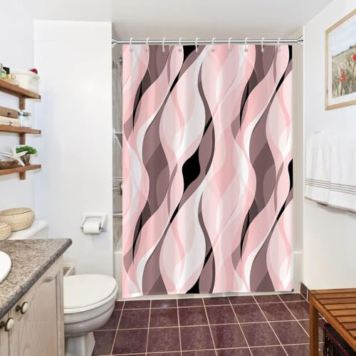 Uiiooazy Rideau Douche Rose, Rideau de Douche Anti Moisissure Abstrait Rayures Rouge Rayé Rideaux de Baignoire Tissu Imperméable Lavable Polyester Rideaux Salle de Bain avec 10 Crochets 150x200cm