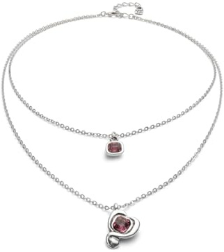 Uno de 50 Anhänger aus Metalllegierung, versilbert mit Sterlingsilber, Doppelkette und Herz mit rosa Kristall, handgefertigter Schmuck, hergestellt in Spanien, Einheitsgröße, Sterling Silber, Kein