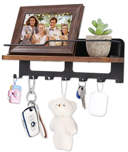 Zofory Schlüsselbrett Holz mit Ablage, Schlüsselablage Wand mit 7 Schlüsselhaken, Schlüsselhalter Wand Schwarz, Modern Schlüsselablage für Flure, Küchen, Eingangsbereiche und Wohnräume