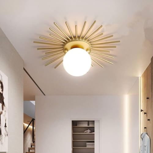 G9 LED Deckenleuchte Runde Weiß Glas Lampenschirm Flur Lampe Moderne Golden Metall Sonne Design Kreativ Deckenlampe für Balkon Gang Eingang Korridor Schlafzimmer Kronleuchter Deckenbeleuchtung Ø25cm