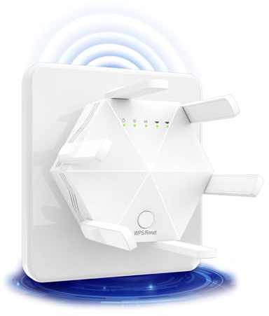 WiFi Extender Booster, Internet Booster with Ethernet Port, 6 Antennas WIFI Booster Range Extender, Wireless Signal Booster Easy Setup (White)