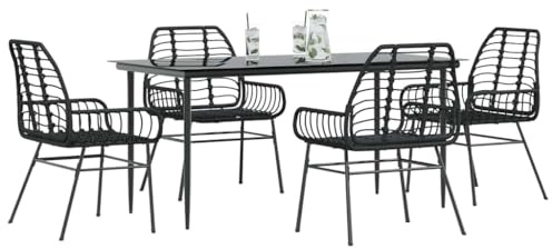 Teenpull 5-teiliges Garten-Esszimmerset, Schwarz Polyrattan Glas, Outdoor Essgruppe mit Tisch und 4 Stühlen, Terrassenmöbel Set, robust, langlebig