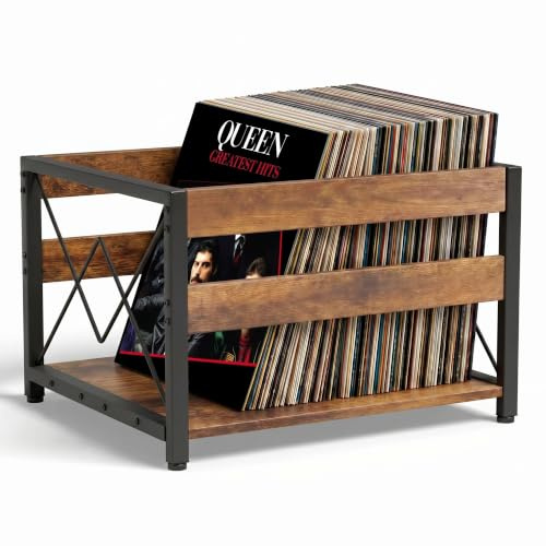 HFHOME Vinyl Record Storage Crate, Wooden Storage Box, Classic Cube CD Albums Shelf Holder Organizer, Holds Up to 100+ Records, Magazine Rack for Desktop, Home, Office