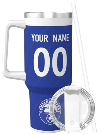 Personalisiert schalke Thermobecher,Travel Isolierbecher mit Namen & Nummer | Trinkflasche mit Deckel und Strohhalm|Edelstahl-Thermosflasche 1.2L| BPA Frei|Geschenke Für Fußballfans