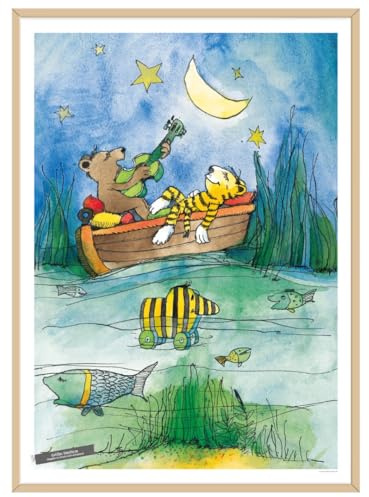 Janosch Poster – Mondscheinmusik Tiger & Bär unter Sternenhimmel | 30x40cm | Janosch Wandbild Kinderzimmer als Geschenk zur Taufe Geburt oder Einschulung | ohne Rahmen | Maße 30x40 cm