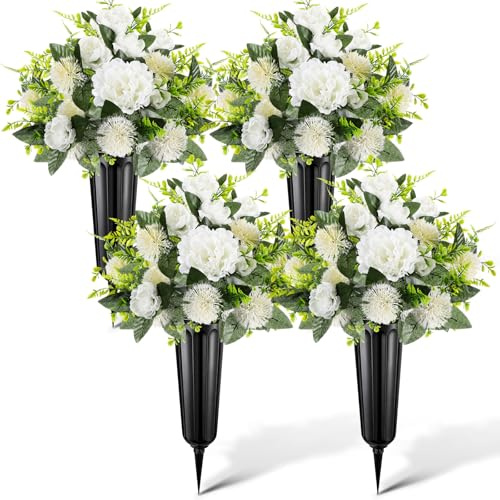 Quzzil 4 Set 8 Pcs Artificial Cemetery Peony Flowers with Vase for Grave Artificial Peony Bouquet Memorial Funeral Gravesite Flowers for Outdoor Cemetery Headstones Gravesites Lawn Yard(White)