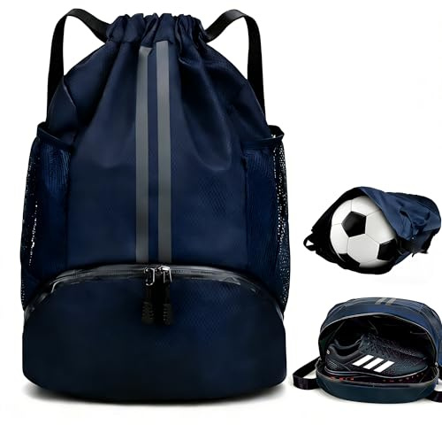 Drawstring Sports Backpack, Sports Soccer Basketball Volleyball Bag Dry-Wet Separation Shoe Compartment for Swimming Gym, Sports training Bags for Women Men Multi-Use for spors Travel (Dark blue)