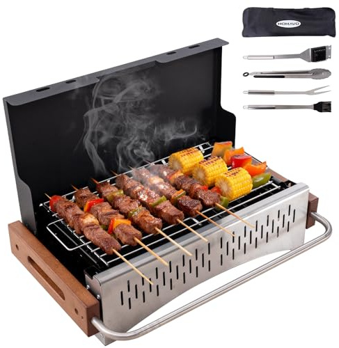 HOMAVO Holzkohlegrill tragbar mit Zubehörset, klappbarer Grill 38,15 x 20,95 cm, werkzeuglose Montage, 2-fach höhenverstellbar, ideal für Balkon Garten Camping