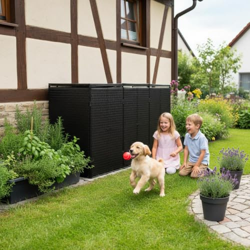 Mülltonnenbox Für 3 Tonnen In Schwarz, Robuste Mülltonnenverkleidung Aus Poly Rattan Mit Stahlrahmen, 207x80x117 cm Mülltonnenbox 3er Für Garten Und Außenbereich
