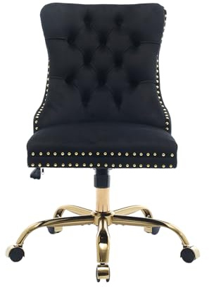 Schwarzer Samt Bürostuhl mit Rollen, höhenverstellbarer Schminkstuhl | Glamour Stil; goldfarbener Metallfuß; Knopfheftung; 25° Wippfunktion; 360° drehbar; ohne Armlehnen; einfache Montage
