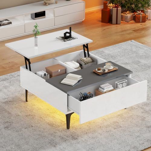 kozamas Couchtisch 70x70x35cm Höhenverstellbar mit LED, Weiß Grau Hochglanz, Wohnzimmertisch mit Stauraum, Schublade und Ablagen, Moderner Sofatisch