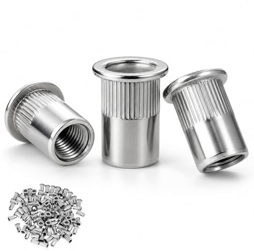 QWORK® 100 Pezzi Dadi Rivetti M5 in Acciaio Inox 304 – Inserti Filettati a Testa Piatta Zigrinati per Metallo, Legno e Plastica – Kit Rivetti a Trazione per Fissaggi Meccanici e Fai-da-Te