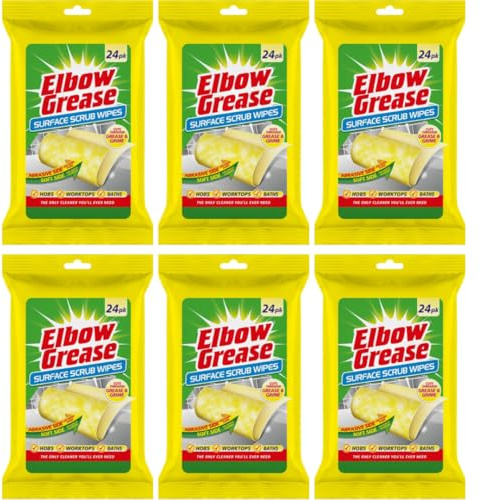 Elbow Grease Surface Scrub Wipes, Lemon Fresh, Dual-Sided, for Hobs, Worktops and Baths, 24 Wipes, Pack of 6