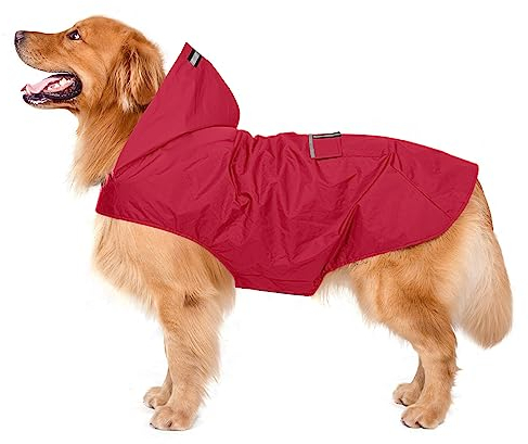 Zellar Hunderegenmantel mit Kapuze & Kragenloch & Sicheren Reflektierenden Streifen, Ultraleichte Atmungsaktive 100% wasserdichte Regenjacke für Mittelgroße bis Große Hunde, Rot, 5XL
