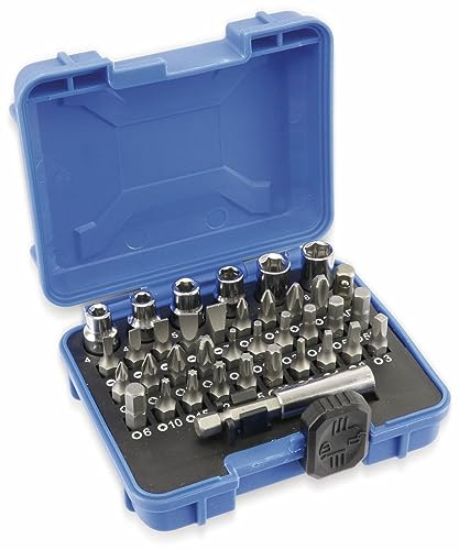Kinzo Bitsatz 37 Stück - Bit Set für Ratschenschraubendreher - Inkl. Aufbewahrungsbox - Kreuz-, Dreikant- und Sechskantschraubendreher - Kunststoff/Stahl - Blau/Schwarz