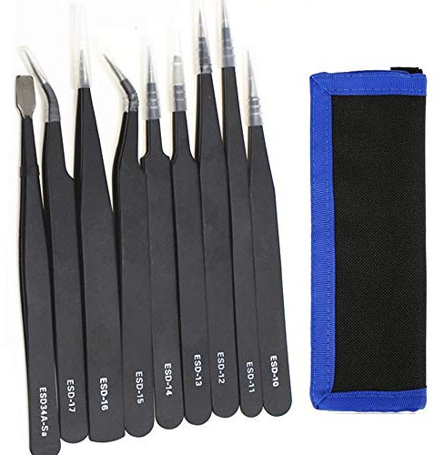9Pezzi Pinzette di Precisione ESD in Acciaio Inossidabile per Electronics Tools, Jewelry, Computer, Laboratory Work and Hobbies etc.
