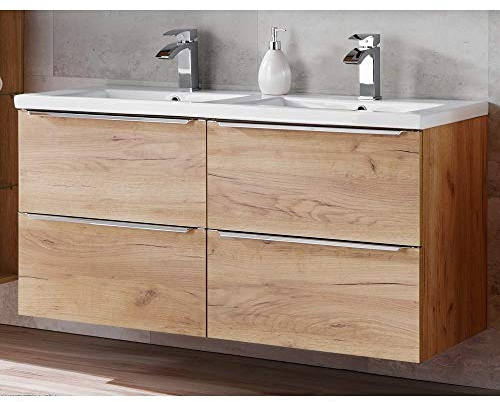 Lomadox Doppel Waschtisch Badmöbel Set 120cm, Unterschrank Wotaneiche mit Doppel-Keramik Waschbecken, 2 Unterschränke, 4 Softclose Schubkästen, B/H/T 121/61/46cm