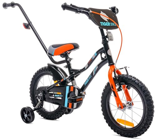 sun baby Jungenfahrrad 14 Zoll Jungen Kinderfahrrad Tiger Bike Leicht Stützräder mit Schubstange ab 2-6 Jahre BMX Fahrrad Kinder (Schwarz-Orange, 14 Zoll)
