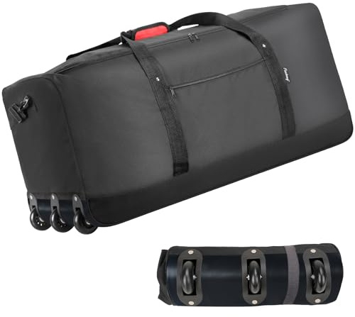 Finnhomy 120L Foldable Rolling Duffel Bag with 3 Wheels, Light Weight Travel Duffel bag with Large Loading Capacity, 32'' Rolling Duffel bag with Shoulder Strap (Black)