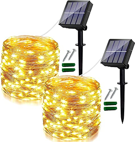 [2 Stücke] Solar Lichterkette Aussen, 8 Muster von 12M 120LEDs Lichterketten IP65 wasserdichte Dekoration, zur dekorativen Beleuchtung von Balkon, Garten, Party, Camping(warm weiß)