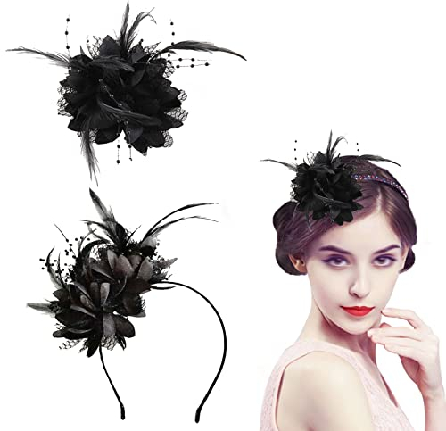 RAOLAWOBA Sombrero De La Pinza De Pelo De La Boda Nupcial Negro Sombrero Tocado Pelo Elegante Pluma Diadema Fascinante Pluma Malla Sombreros De Fiesta De Té con Pinza para El Cabello(Negro)