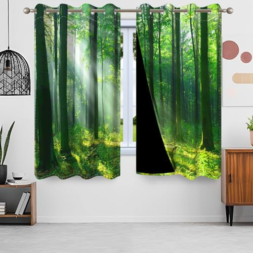 Uiiooazy Gardinen Wald, Vorhänge Grün Blätter Wälder Sonnenlicht Druck Schattierungsvorhänge Thermovorhang Polyester Verdunkelungsvorhänge mit Ösen für Schlafzimmer Wohnzimmer Kinderzimmer, 140x145cm