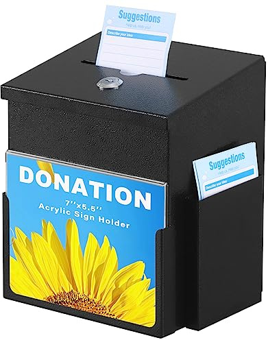 xydled Suggestion Box with Key Lock Acrylic Sign Holder, Metal Donation Ballot Drop Box with Slot Tip Jar for Office, Fundraising, Church, School,8.9''x7.1''x6.3'', Black