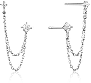 BSLVWG Dangling Earrings,4 Prong CZ Runde Stud mit Kette Manschette S925 Sterling Silber Ohrringe für Frauen Mädchen Knorpel Doppel Piercing Löcher Minimalist Climber Crawler Hypoallergenic(Silber)