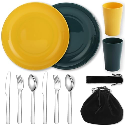 Evanda Ustensiles de Cuisine de Camping 10 pièces, Tasse légère réutilisable, Assiette et Couverts en Acier Inoxydable avec Sac Noir, pour Le Camping à 2 Personnes, Lavable au Lave-Vaisselle