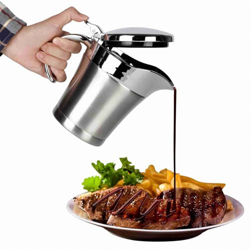 Stainless Steel Gravy Boat, 450ml Double Insulated Gravy Jug with Hinged Lid Insulated Jug for Serving Gravy, Custard, Cream, Sauce