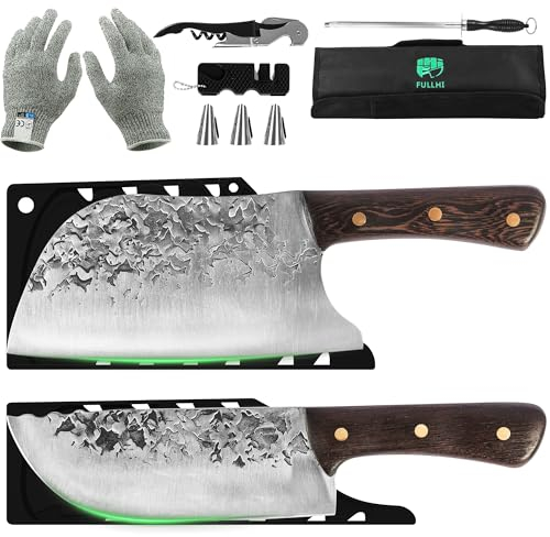 FULLHI Set di coltelli da macellaio 2pcs con borsa per coltelli Coltello da cuoco forgiato a mano in acciaio ad alto tenore di carbonio Set di coltelli a mannaia per cucina, campeggio, barbecue