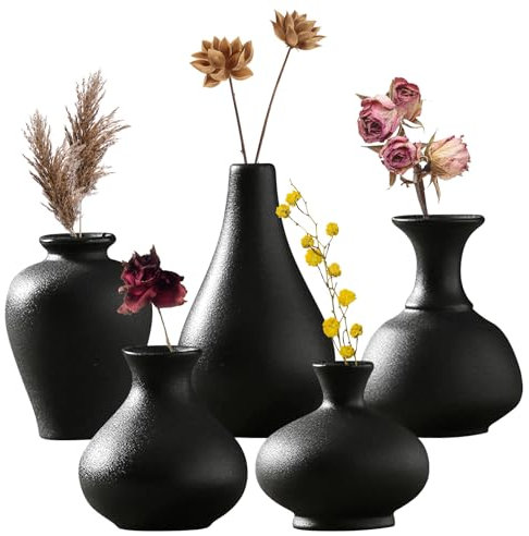 5 Pcs schwarz Keramik Vase Blumenvase Modern, Blumenvasen Modern Aus Keramik Kleine Blumenvasen Für Dekor Trockenblumen Büro Fensterbank Deko für Home Decor Tisch Eingang