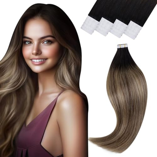 Vivien Echthaar Extensions Tape in Menschliches Haar Schwarz Balayage Tape Echthaar Extensions Ombre Schwarz bis Braun und Blond 55cm 20Pcs 50g
