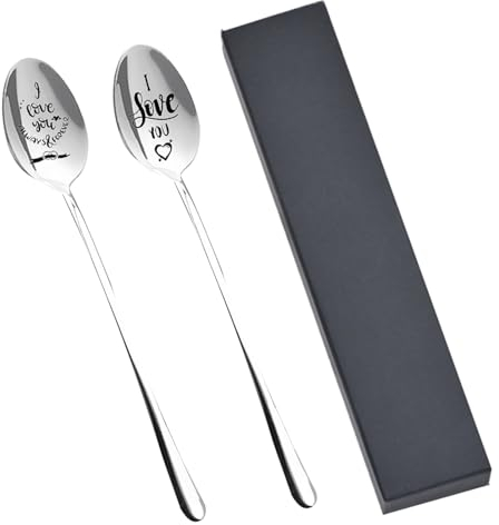 LAQWYNKB cuillere a cafe, vaisselle et arts de la table, 2 Ensemble de cuillères à café gravées I LOVE YOU, Cadeau d'anniversaire et de Noël, Cuillères à café, Cadeau pour femme et homme
