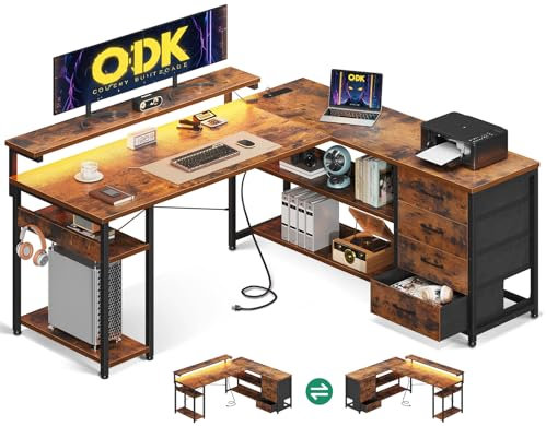 ODK Corner Desk with Drawers, L Shaped Gaming Desk with LED Lights & Power Outlets, Reversible Computer Desks for Home Office Workstation, Office Desks with Monitor Shelf, 135×110 cm, Vintage