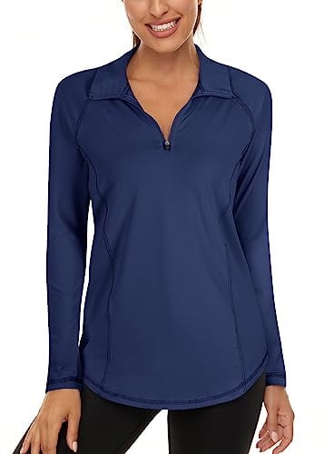 Navy Women's Long Sleeve Gym Tops - Fitted, Easy Dry, Light, Sun Protection, Climbing & Hiking Tops