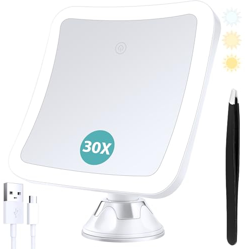 B Beauty Planet Vergrößerungsspiegel mit Licht,30 Fach Vergrößerung, Beleuchteter Make-up-Spiegel mit Touch Control und Saugnapf, Wiederaufladbar, 360° Drehbar, Badezimmer und Reise, Quadratisch