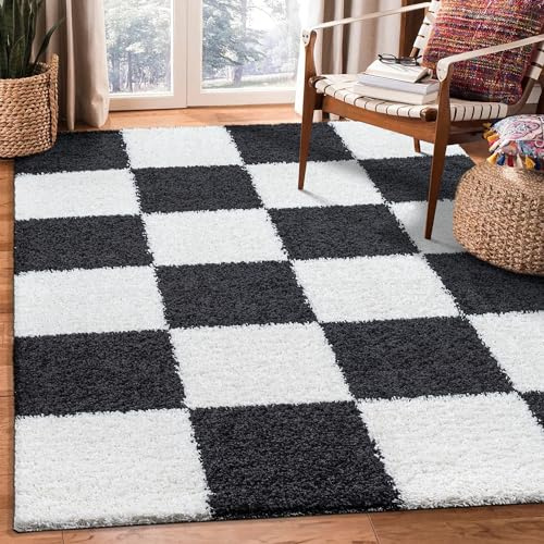 SANAT Milano Shaggy Teppich - Hochflor Teppiche für Wohnzimmer, Schlafzimmer, Küche - Schwarz Weiss, Größe: 60 x 110 cm