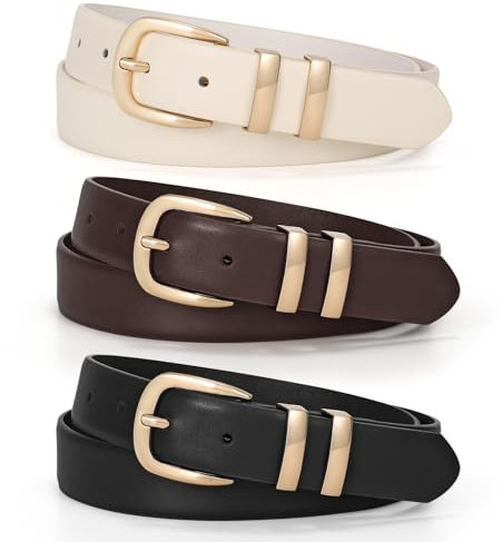 WERFORU 3 Stück Damen Ledergürtel für Jeans Modische Damen Gürtel mit Metallschnalle Schwarz/Coffee/Beige