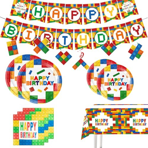 Building Blocks Birthday Party Supplies-20 servings Building Block Party Tableware Set-Dining plate,Plates ,Napkins,Tablecloth, Banner and Hanging Swirls Colorful，for Boys /girls Birthday decoration