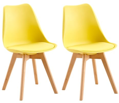 EGGREE 2er Set Esszimmerstühle mit Massivholz Buche Bein SGS Geprüfter, Skandinavisch Design Gepolsterter aus PU-Leder Küchenstuhl Essstühle,Zitronengelb