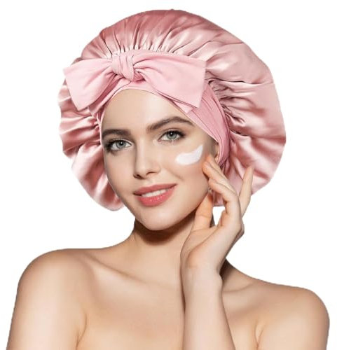 Waymaytecy Maulbeerseide Schlafmütze Verstellbar, rutschfest und Atmungsaktiver Kopfbedeckung Seidenhaube zum Schlafen, Haarpflege, Nachtmütze für lockiges Haar mit elastischem Band(Rosa)